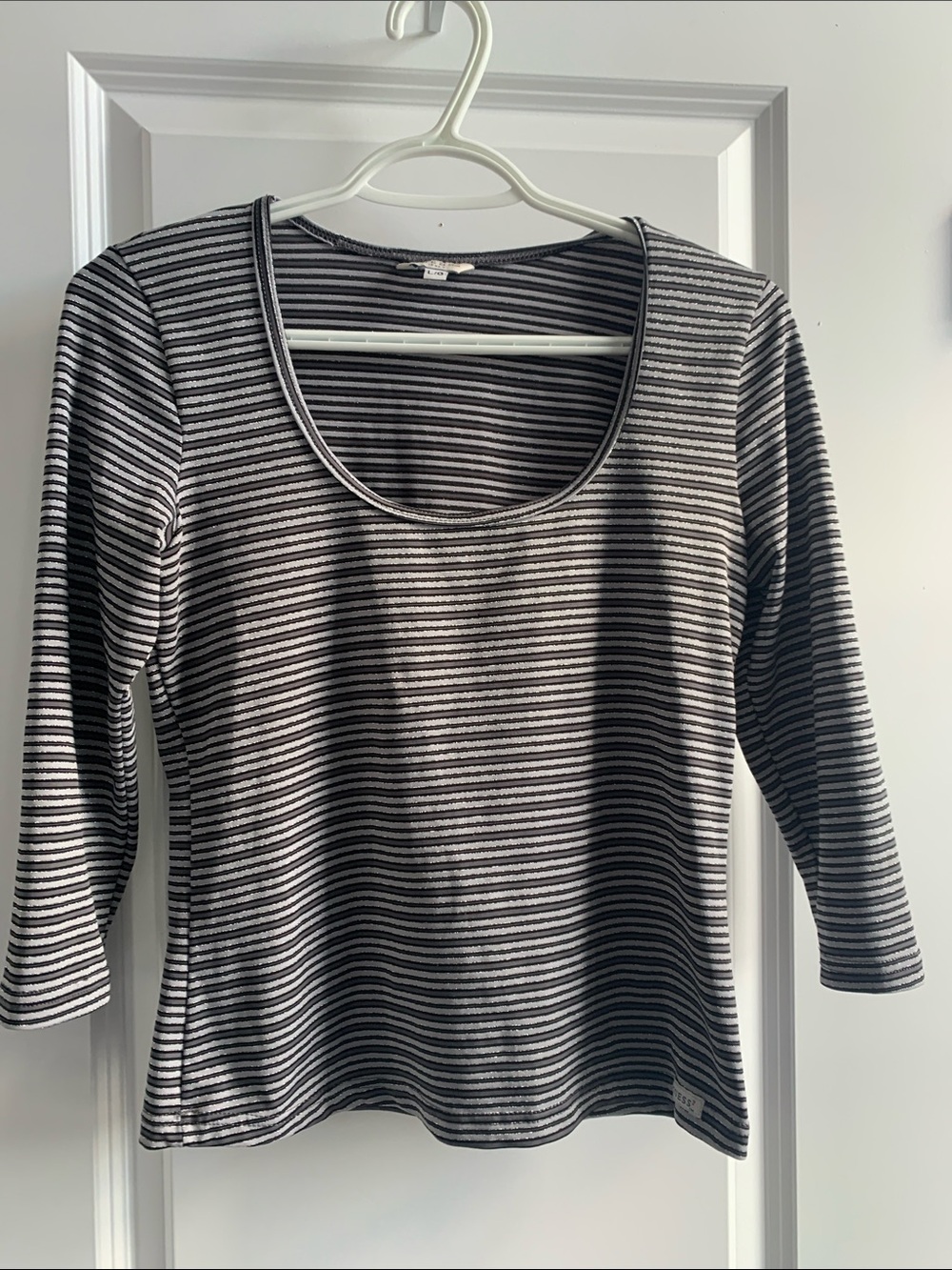 Guess Black & Grey Striped Scoop Neck Long Sleeve Tee